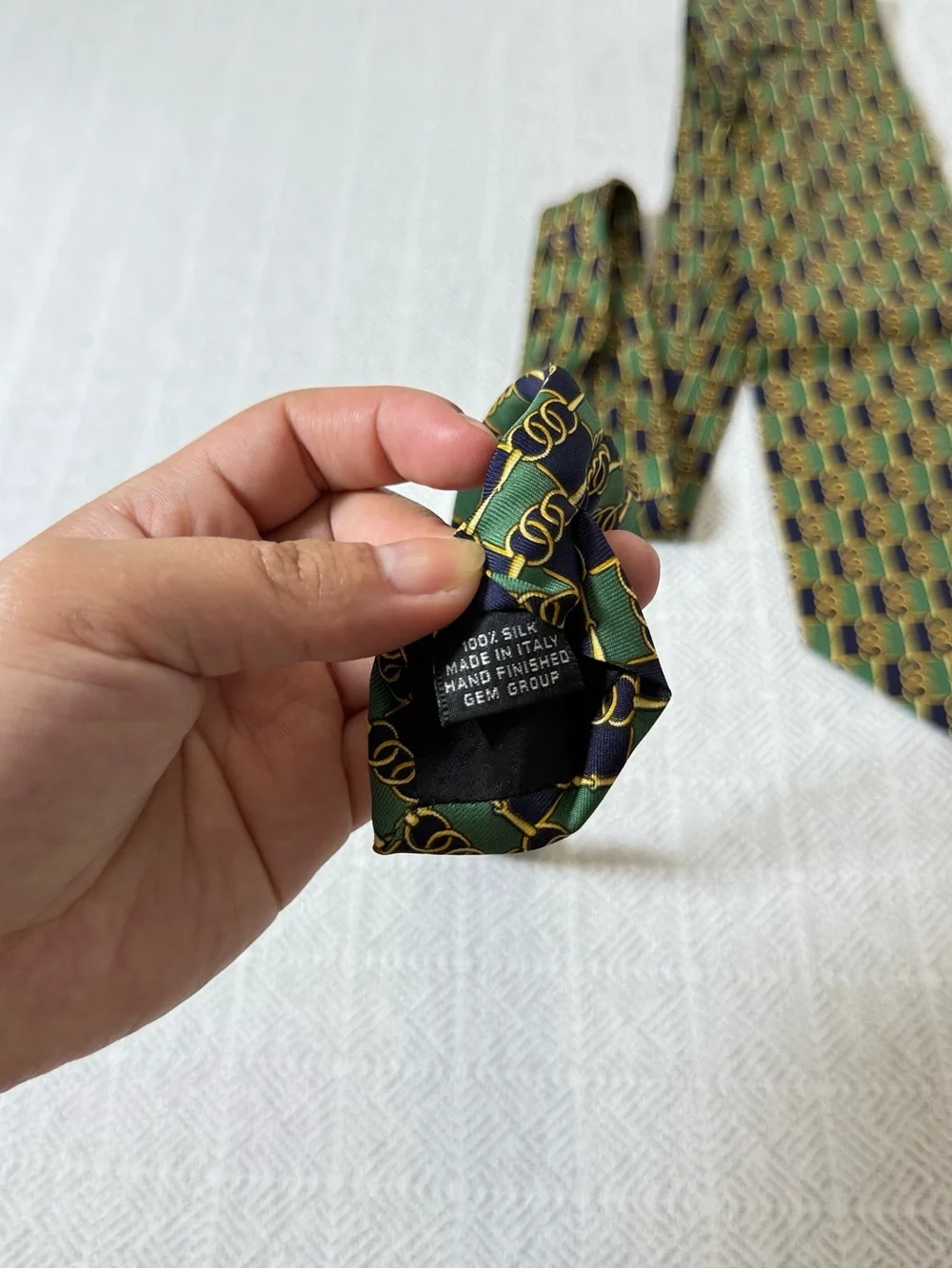 Vintage Paolo Gucci Geometric Logo Woven 100% Silk Tie Green/Navy/Gold One Size